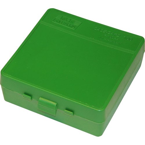 MTM Ammo Box 100 Round Flip-Top för 41, 44 och 45 LC erbjuder hållbar förvaring, enkel åtkomst och skydd för dina patroner, perfekt för skytte.