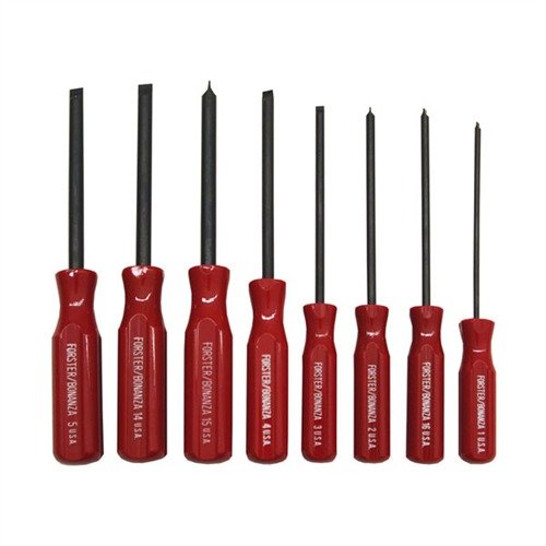 Forster Gunsmith Screwdrivers erbjuder parallellt slipade tips för perfekt passform, härdade stålblad för hållbarhet och ergonomiska handtag för komfort och kontroll.