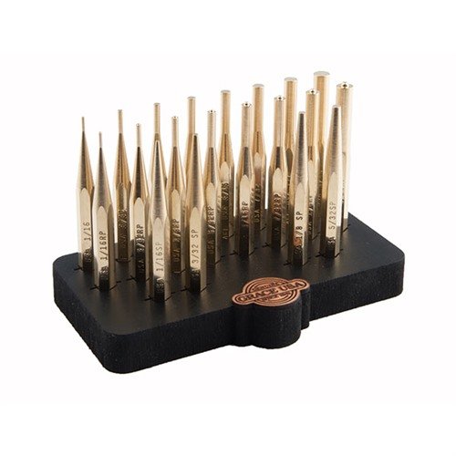GRACE USA 20-delars brass punch set med bänkblock erbjuder högkvalitativa, icke-marring och icke-sparkande verktyg för precisionsarbete, 100% tillverkad i USA.