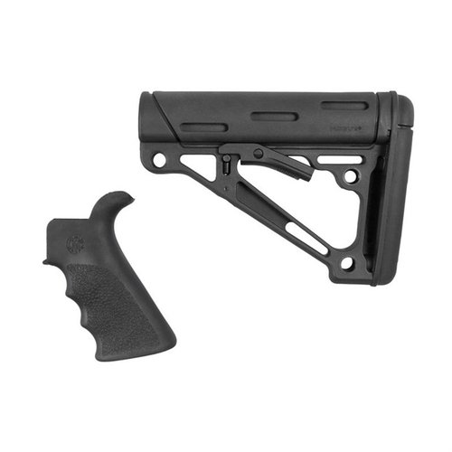 Hogue's 2-delade kit erbjuder ett finger grooved beavertail gummigrepp och en justerbar buttstock för optimal komfort och stabilitet på din AR-15.