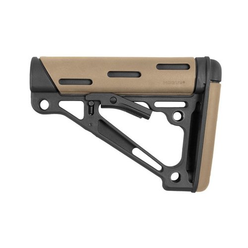 Hogue's OverMolded® kollapsibla buttstock har förstärkt polymerkonstruktion, gummikindstöd och en hybrid gummibuttplatta för smidig användning och stabilitet.