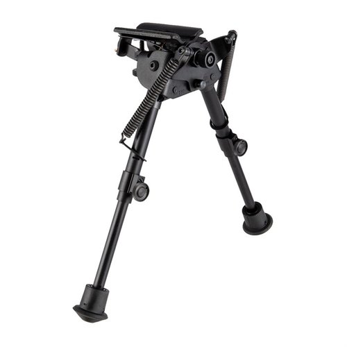 Harris självnivellerande bipod 6-9" erbjuder snabb justering för ojämna ytor, med justerbar höjd och låsningsmekanism för stabilt skytte.