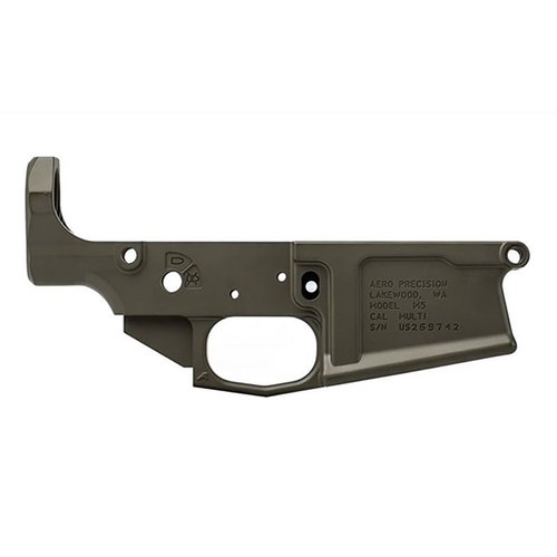 Aero Precision M5 308 Lower Receiver möjliggör byggnation av en anpassad AR med hög kvalitet, DPMS-kompatibilitet och integrerade säkerhetsmarkeringar.