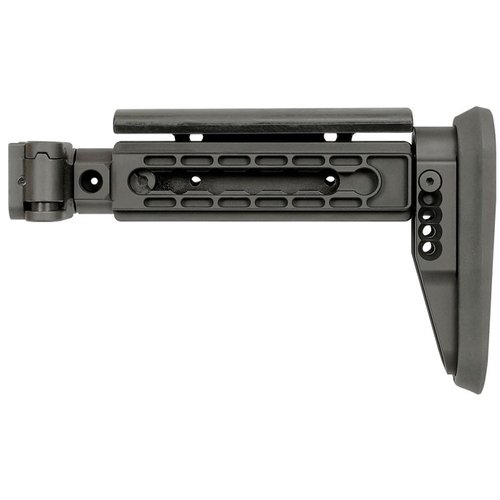 AK ALPHA Series Folding Stock erbjuder justerbar kindstöd och butt pad, robust vikmekanism i stål, och 3 QD slingfästen för ökad användarvänlighet.
