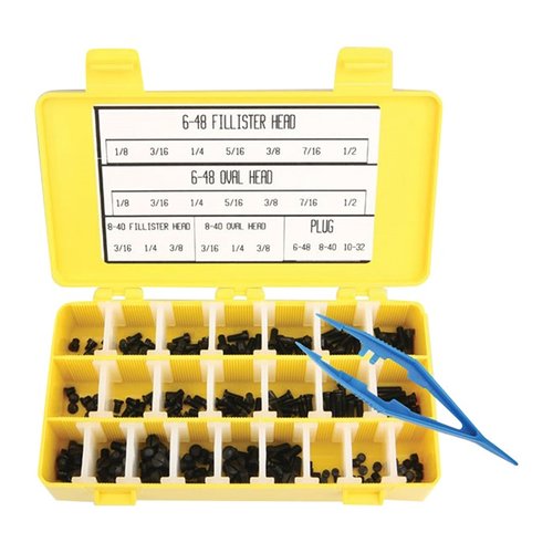 GUN SCREW ASSORTMENT innehåller tolv av varje av de 23 mest populära skruvstorlekarna från Forster, värmebehandlade och blästrade för hållbarhet.