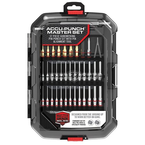 ACCU-PUNCH MASTER SET från REAL AVID erbjuder hållbara stålstansar med korrosionsskydd och exakt kontroll, perfekt för modifiering och demontering av vapen.