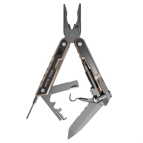 AR-15 TACTICAL GUN TOOL är en mångsidig 37-i-1 verktyg med G10 grepp, 12 bitar, kolskrapa och kniv för att hålla din AR15 i toppskick.