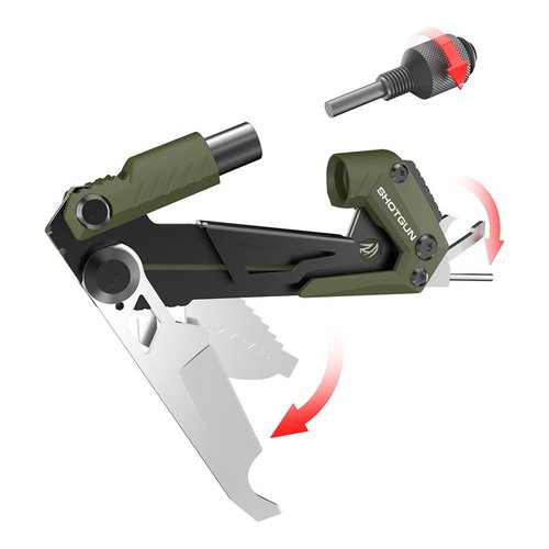 GUN TOOL CORE är en kompakt och mångsidig verktyg för att byta choke tubes, rensa stopp, slå ut pins och justera sikten, lätt att fästa på MOLLE.