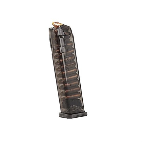 Passar Glock 17, 18, 19, 26, 34 med 22 skotts kapacitet, tävlingslegal, lätt att demontera, extremt hållbar och genomskinlig för att se ammunition.