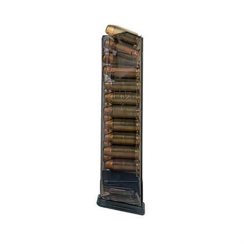 ETS genomskinliga polymermagasin är lätta, tävlingslagliga och passar Glock .40 S&W modeller 22, 23, 24, 27 och 35, med enkel demontering och långvarig hållbarhet.