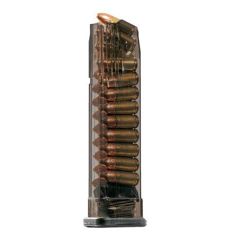 SMITH & WESSON M&P 9mm magasin med 21 skotts kapacitet, extremt slagmotstånd, kemikalieresistent och transparent kropp för enkel ammunitionkontroll.