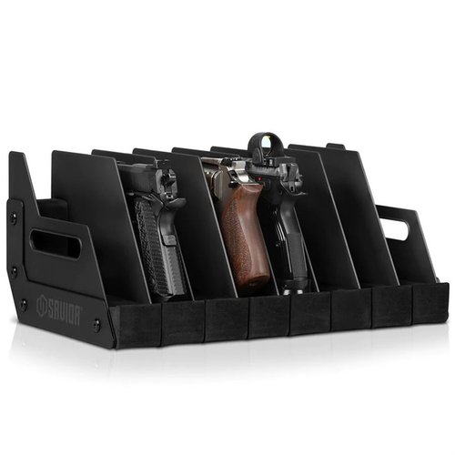 Upptäck vårt PISTOL RACKS SAVIOR EQUIPMENT för säker och bekväm förvaring av upp till 8 pistoler. 🏆 Perfekt för både transport och skydd!
