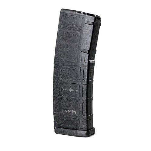 Proprietär 9mm-magasinför Heresy Design 9mm-konvertering, 30 skott kapacitet, tillgänglig för standard eller NATO Steyr AUG®-stock, lätt och hållbar polymer.