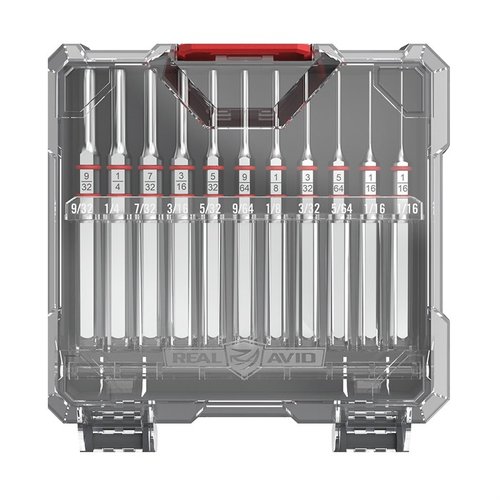 ACCU-PUNCH Standard Pin Punch Set erbjuder 11 stålstansar med nickelbeläggning för korrosionsbeständighet, hex-handtag och gummiringar för exakt kontroll vid vapentjänst.