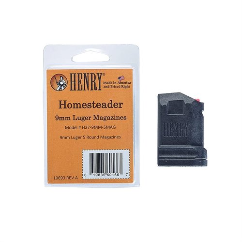 H027 HOMESTEADER 9MM LUGER MAGAZIN är en pålitlig 5-runds reservmagasin som garanterar smidig funktion och hög kvalitet för din Henry Homesteader.
