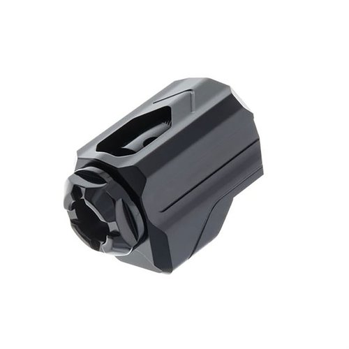 Tyrant Designs Uni-Comp kompenserar för 9mm med ½-28 gänga, minskar rekyl och muzzlerise, passar de flesta märken utan modifiering.