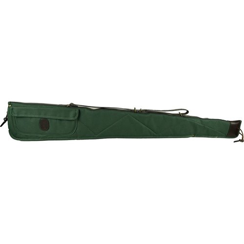 BOB ALLEN Canvas Shotgun Case har en slitstark canvas yta, quiltad flanellinsida, läderdetaljer och en praktisk ficka för tillbehör, perfekt för säker transport.