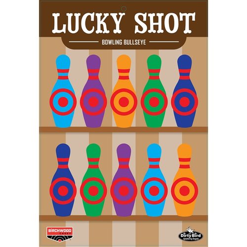BIRCHWOOD CASEY DIRTY BIRD LUCKY SHOT BOWLING PINS 12 x 18" targets erbjuder intensiv splatter för tydlig träffmarkering, perfekt för alla typer av pistolskytte. 6-pack.