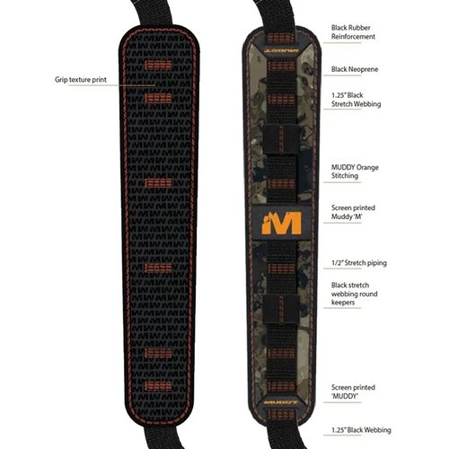 MUDDY SUMMIT RIDGE ™FLEXIBLE COMFORT SLING™ ger optimal komfort med lätt neopren, anti-slip gripper, justerbar längd och praktiska shell holders för långa jakter.