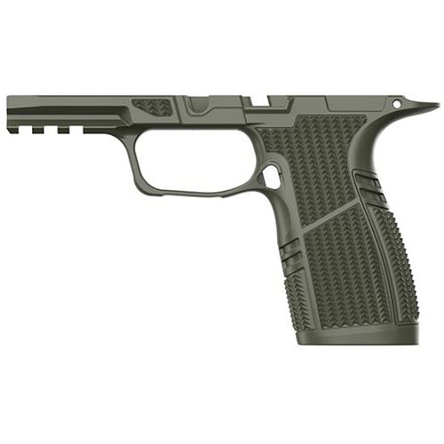Tyrant CNC Grip Module för Sig Sauer P365 X-Macro erbjuder förbättrad ergonomi, 1913 Picatinny rail, flarad magwell och 17-raders kapacitet i en kompakt design.