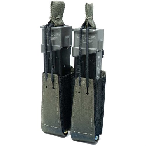 GBRS Groups dubbel pistolmagazin pouch erbjuder MOLLE/BELT-kompatibilitet, avtagbar bungee-retention och en smidig dragning för de flesta dubbelstacks magasin.
