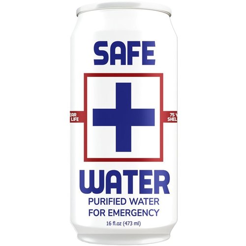 SAFE WATER erbjuder ultra-ren nödranson med 75 års hållbarhet, perfekt för beredskap med 24 burkar per fall, alltid klar att släcka din törst.