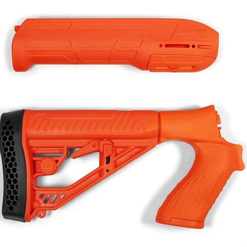 EX Performance justerbart kolv och förhand för Mossberg 500/590/88 erbjuder anpassningsbar längd, hållbar polymerkonstruktion och taktisk tillbehörsrail.