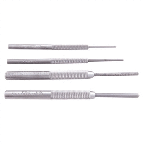 Lyma DELUXE PUNCH SET gör det enkelt och säkert att ta bort och byta ut hollow split roll pins med rundspetsiga punches i hållbart 4140 stål.