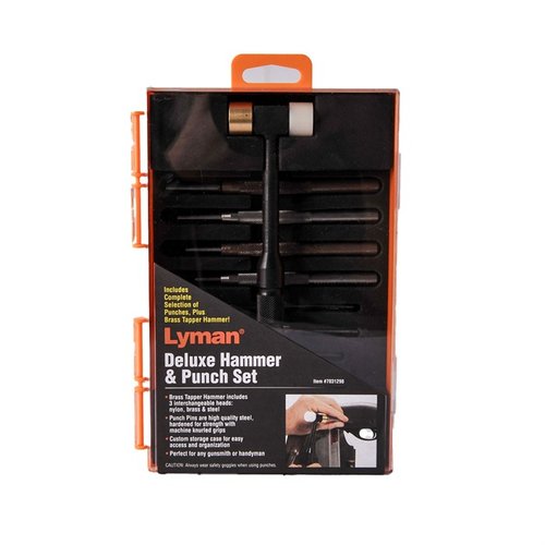 Detta kompakta DELUXE HAMMER & PUNCH SET från LYMAN innehåller populära 4130 stålstansar och en kombinerad brass/nylon hammare, allt förvarat i en praktisk träblock.