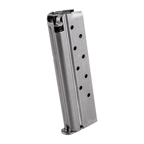 1911 Springfield-stil magasin med 9 rundor, tillverkat av rostfritt stål för hållbarhet och en inbyggd front ramp för smidig matning av 9mm patroner.