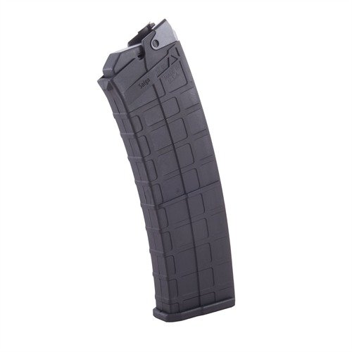 Lättviktsmagasin i polymer med förstärkta stålfoderlippar för pålitlig matning av 10 skott till din Saiga 12-gauge, perfekt för tävlingar.