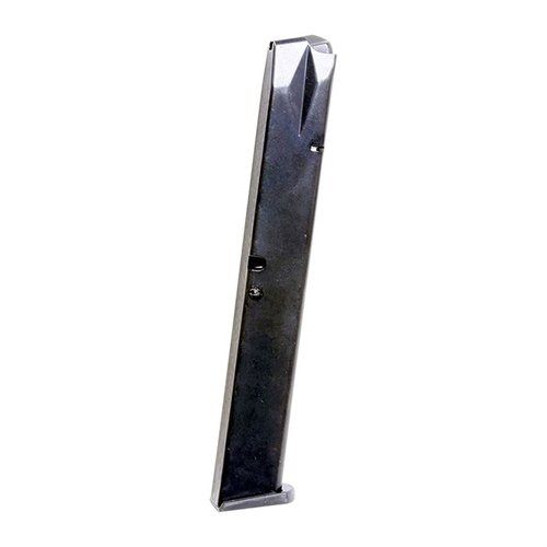 Beretta 92F stålmagasin ger 32 skott kapacitet, tillverkat av värmebehandlad kolstål med svart oxidfinish för hållbarhet och korrosionsskydd.