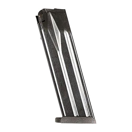 H&K VP9 17-runds stålmagasin med hållbar carbon-steel kropp, värmebehandlad och svartoxiderad för optimal prestanda och pålitlighet.