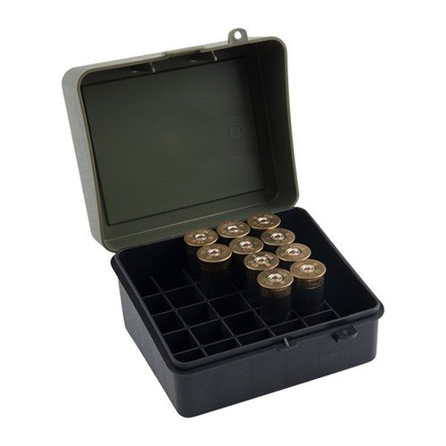 Denna hållbara shotgun shell case rymmer upp till 25 rundor av 12 eller 16 gauge med ett lättåtkomligt flip-top för snabb åtkomst.