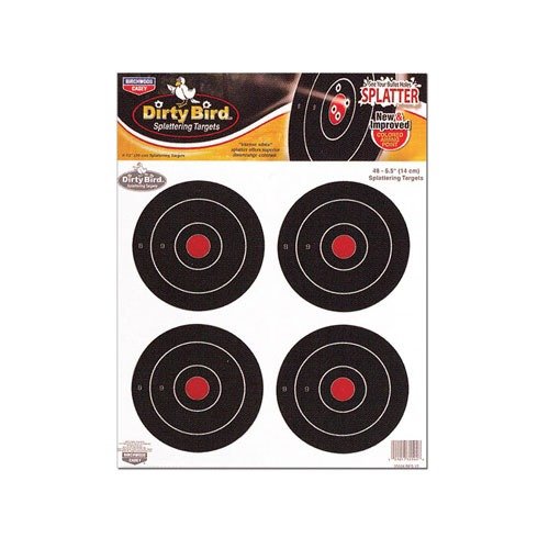 "DIRTY BIRD" targets ger bra synlighet med vit sprutning runt varje träff, kostar mindre än Shoot-N-C, fungerar både inomhus och utomhus, 12-pack.