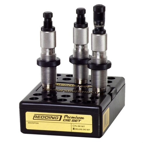 Redding 6.5mm Creedmoor Premium Deluxe Die Set innehåller en Full Length sizing die, Seating Die med Micrometer Seat Stem och en Neck Sizing Die för optimal handladdning.